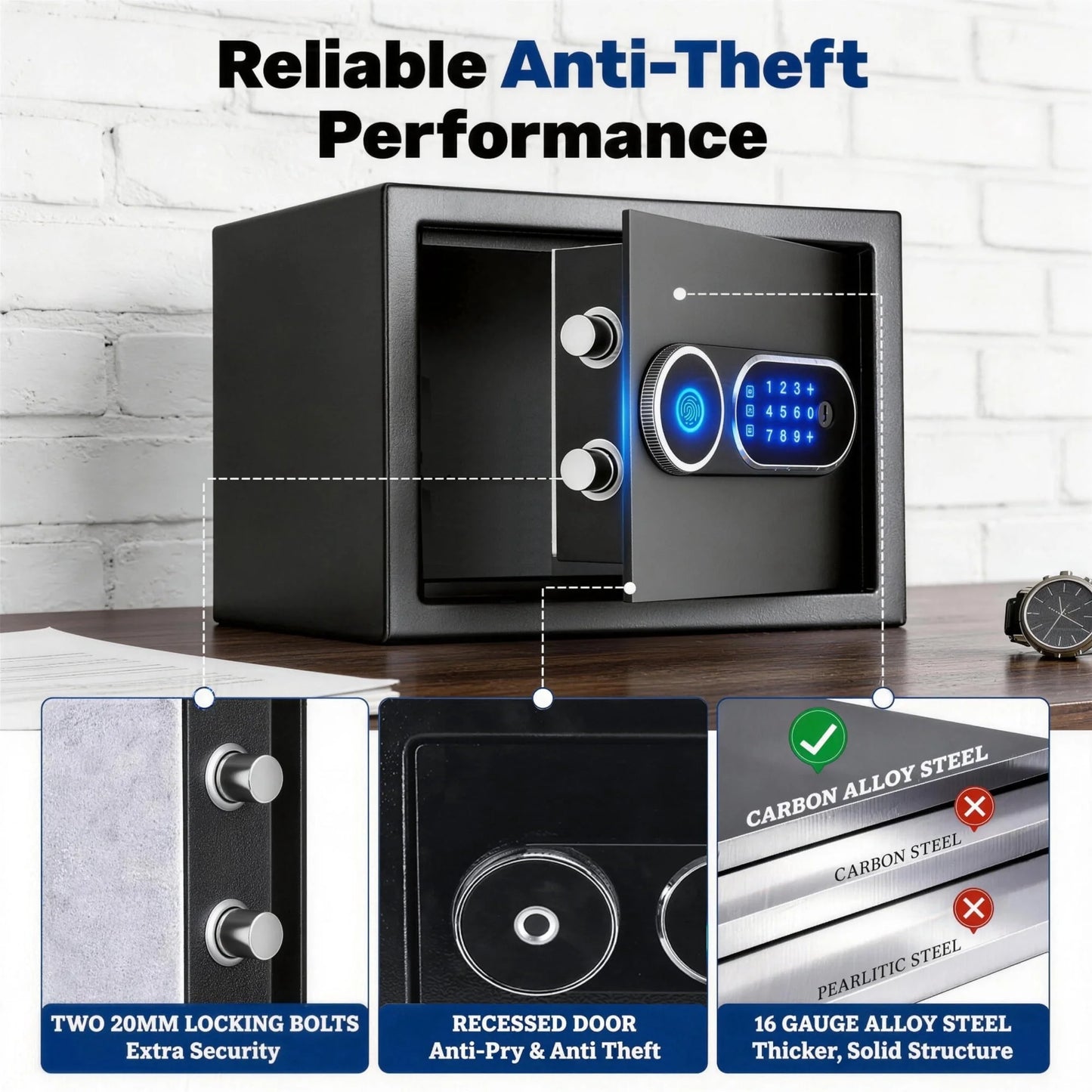 Safe Box, 0.6 Cuft Biometric Safe Lock Box with Fingerprint,Code and Keys Quick Unlock,Security Money Safe Lock Cabinet,Black