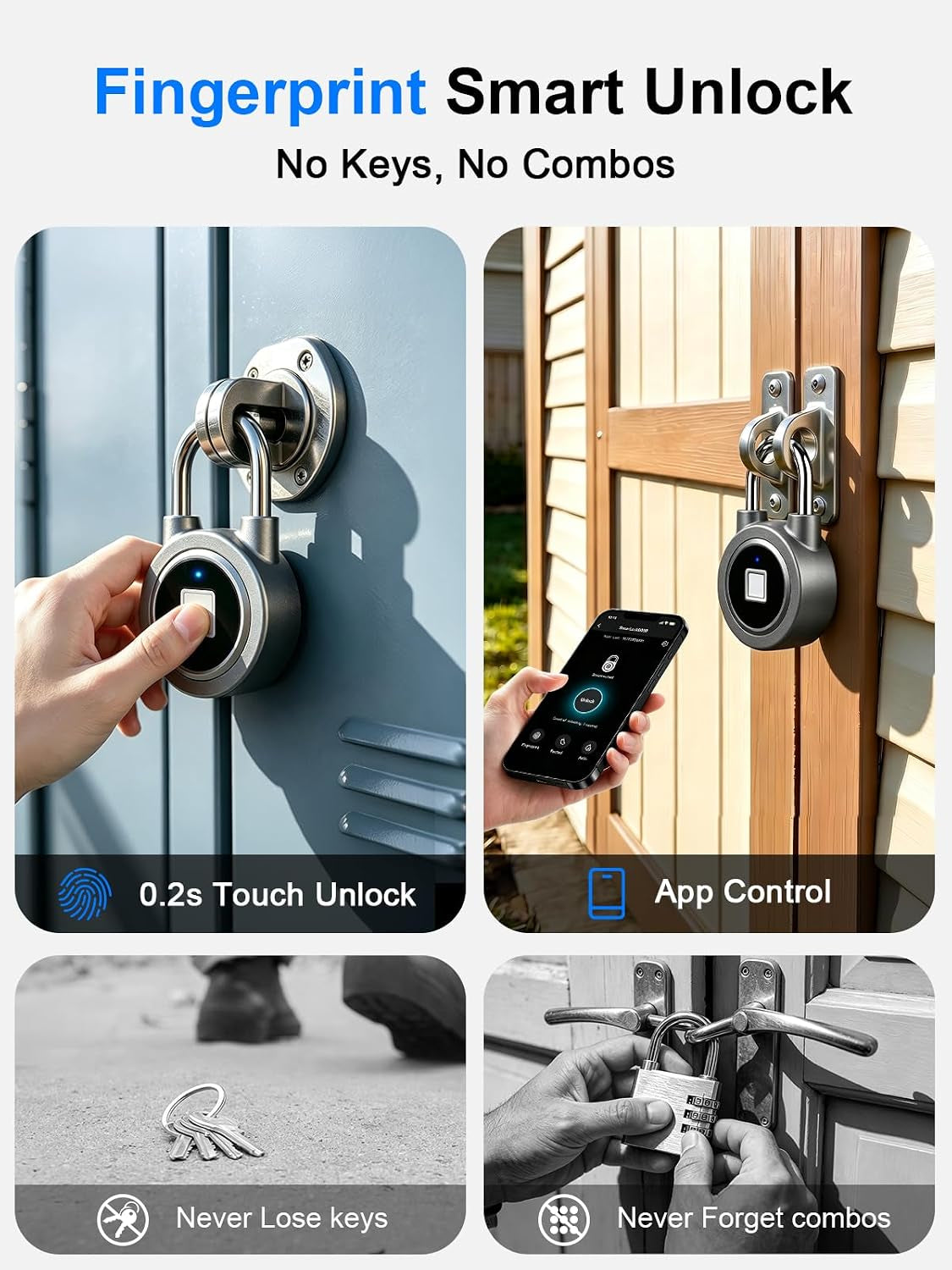 Fingerprint Lock Biometric Gym Lock for Locker, Bluetooth Smart Padlock, Rechargeable Waterproof Lock for Gym Locker, School Locker, Gate, Fence, Shed, Garage (Grey)