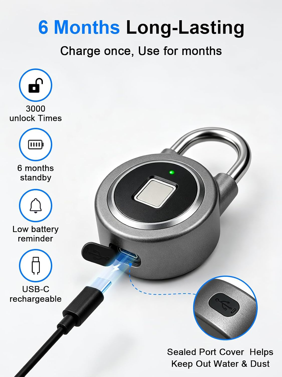 Fingerprint Lock Biometric Gym Lock for Locker, Bluetooth Smart Padlock, Rechargeable Waterproof Lock for Gym Locker, School Locker, Gate, Fence, Shed, Garage (Grey)
