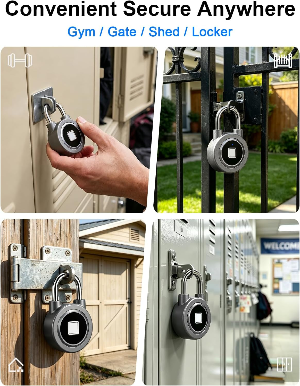 Fingerprint Lock Biometric Gym Lock for Locker, Bluetooth Smart Padlock, Rechargeable Waterproof Lock for Gym Locker, School Locker, Gate, Fence, Shed, Garage (Grey)